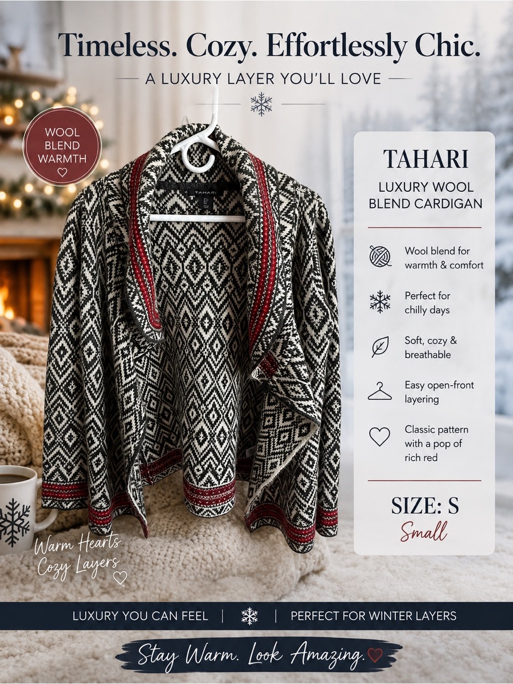 Tahari Wool blend Black & Cream Patterned Women's Sweater-Sm
